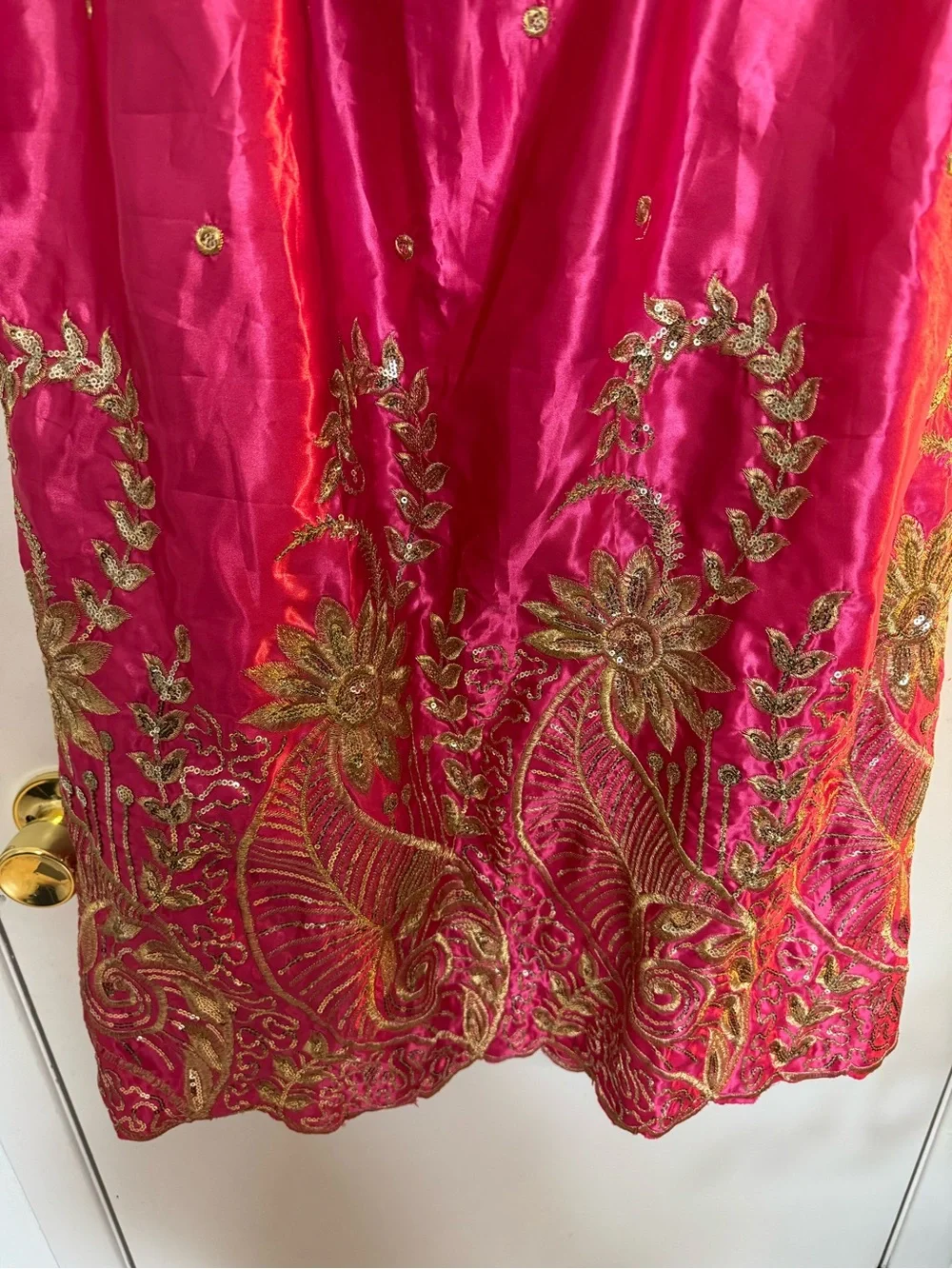 Embroidered Satin Midi Skirt in Hot Pink with Gold Accents - Picture 7 of 8